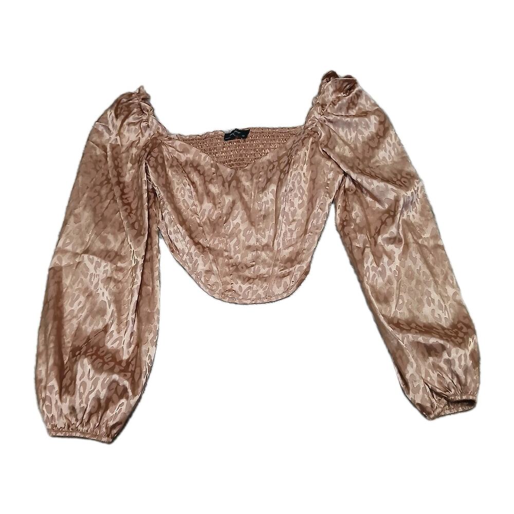 Milk & Honey Satin Leopard Jacquard Puff Sleeve Crop Top Women’s S Smocked Y2K